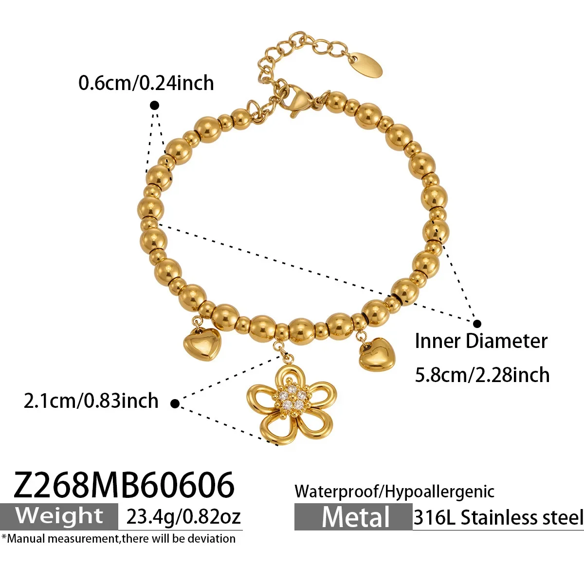 Conjunto De Pulseira Com Zircônias Em Formato De Flor E Coração, Banhada A Ouro, Joia De Luxo Para Presente.