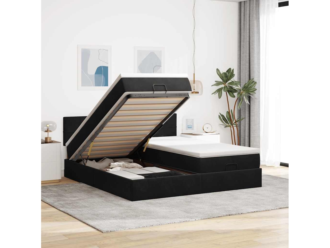 Estrutura De Cama Otomana Com Colchões 200x200cm Veludo Preto