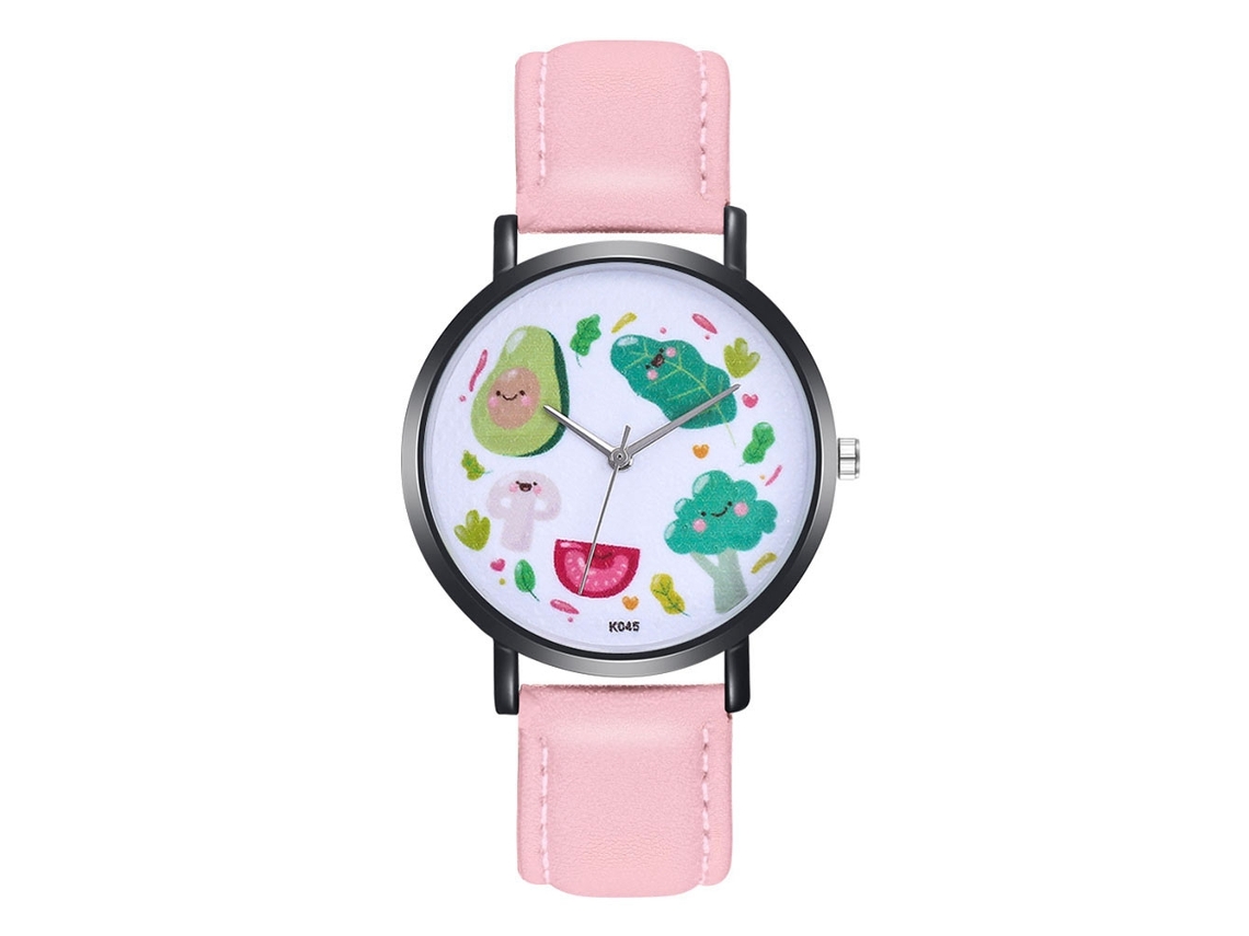 Relógio de pulso unissex com mostrador de frutas, pulseira de couro PU, rosa, quartzo Zhoulianfa