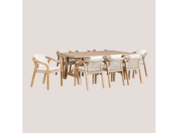 Conjunto de Mesa Retangular 200X100 Cm e 8 Cadeiras de Jantar em Madeira de Acácia Dubai Madeira de Acácia Poliéster Gardénia Branco SKLUM