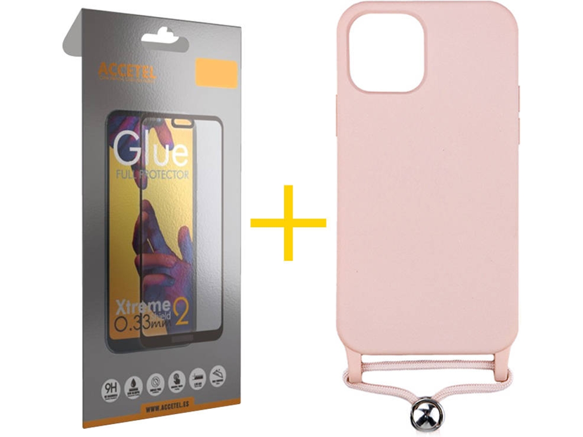 Kit Capa + Película 1 X Vidro Full iPhone 12 Pro Max Skyhe Gel Rope Rosa