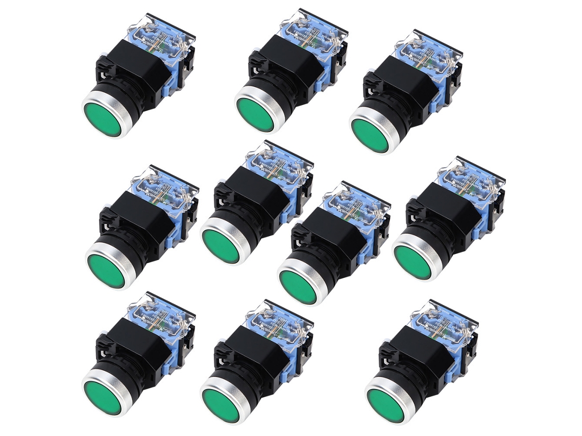 10 Pcs Interruptor De Botão De Cabeça Plana De Trava Automática Bem38-11s 1 On 1 Off Botão Verde