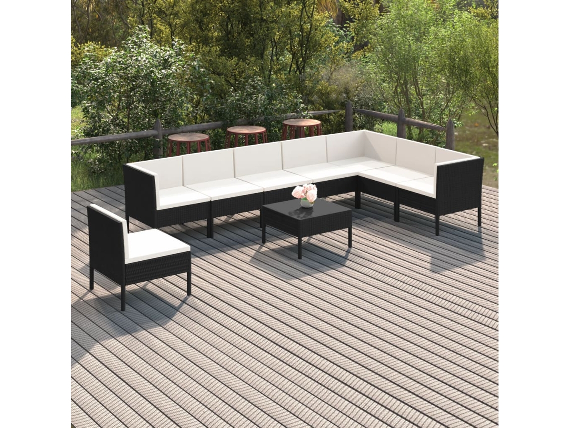 9 Pcs Conjunto Lounge De Jardim C/ Almofadões Vime Pe Preto Dkd Home Decor
