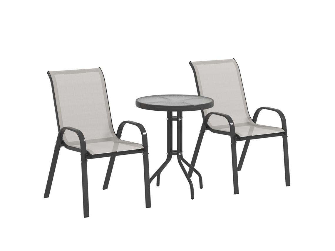 Conjunto exterior 3 peças com 2 poltronas empilháveis e mesa de vidro ZENCORE SERVICES cinza claro