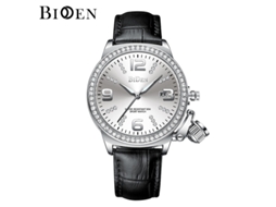 Relógio Feminino MDUG com ponteiros luminosos, cinto personalizado, diamantes e movimento de quartzo com cinto preto e face prateada
