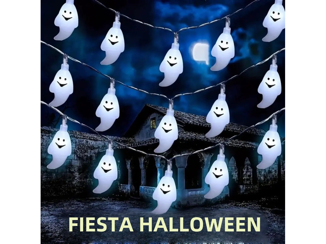 Cordão de luzes de Halloween, cordão de luzes decorativo de fantasmas, alimentado por bateria MDUG (3m com 20 LEDs brancos)