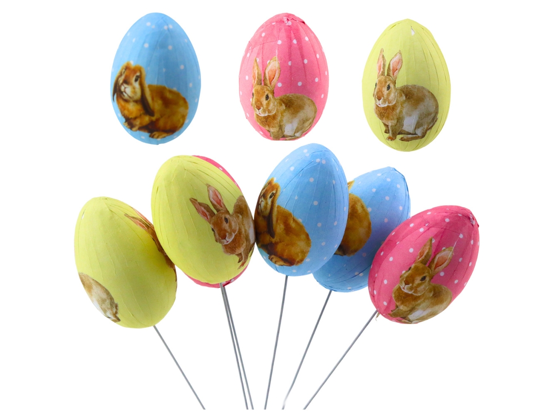 Ovos De Páscoa Em Pau De Arame Coloridos Com Decoração De Coelhinhos 6 Peças