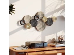 Decoração de Parede em Metal, Escultura de em Design Exclusivo com Vários Discos, 100 X 50 Cm, Cáqui e Preto.