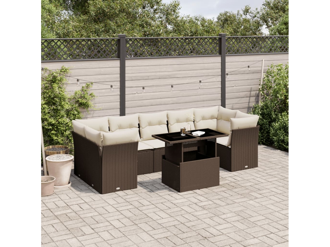 Vidaxl 8 Pcs Conjunto Sofás De Jardim C/ Almofadões Vime Pe Castanho