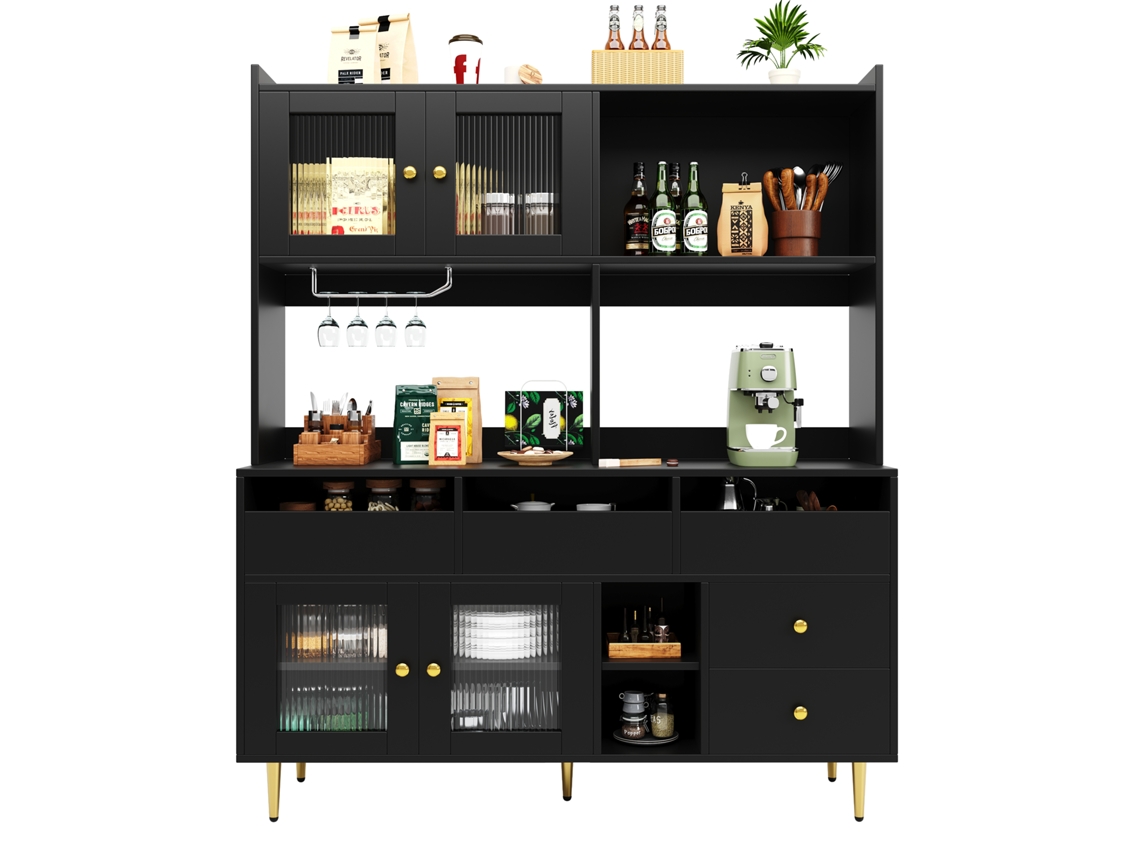 Armário Sala De Jantar Preto 145x39x171cm Portas Vidro Degradado, Suportes Para Copos, Ampla Arrumação E Detalhes Decorativos Dourados