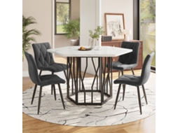 Mesa Hexagonal Mármore C/ 4 Cadeiras Veludo Cinza 5 Peças VOLTEDGE