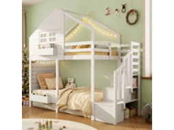 Beliche, Cama Móbil, Berço 90x200cm com Proteção Contra Quedas e Escadas de Armazenamento, Cama Juvenil, com Janela, Madeira Maciça, Branca Ge