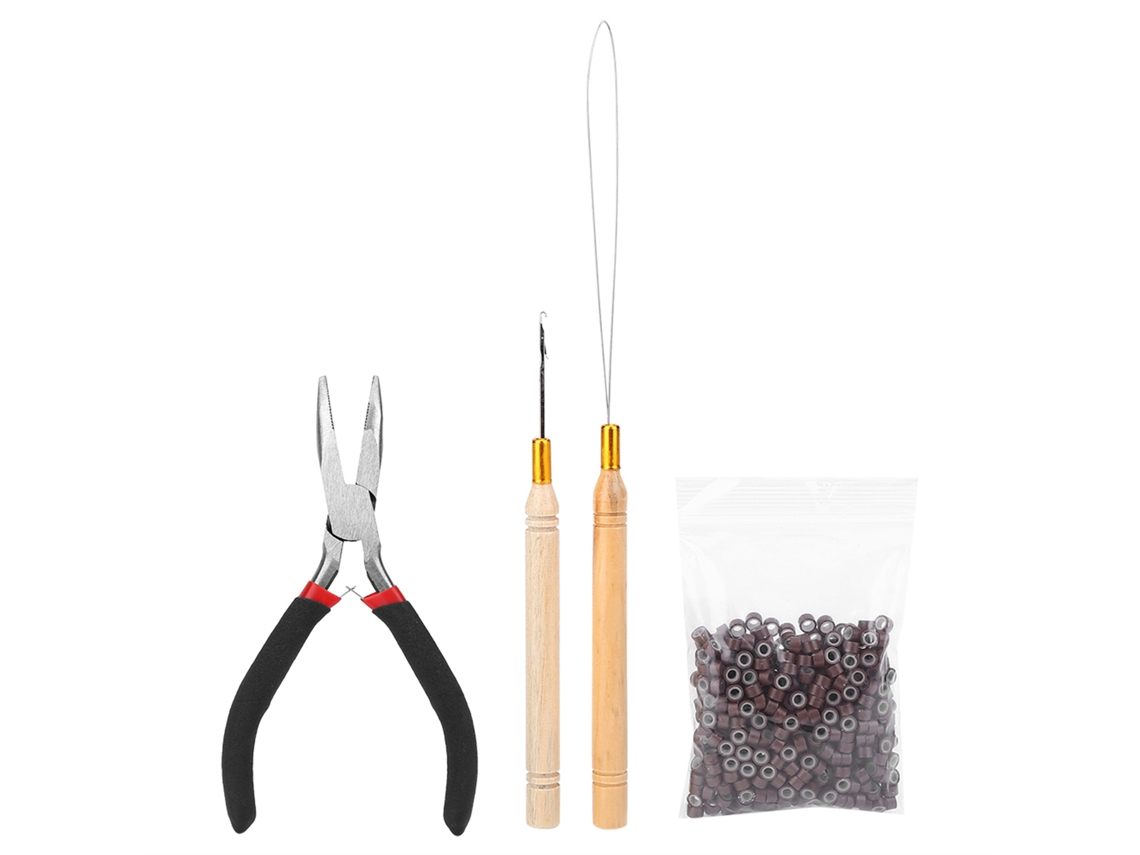 Kit De Extensão De Cabelo Com Agulha, Alicate E 500 Anéis Micro Silicone Marrom Para Pronta Uso