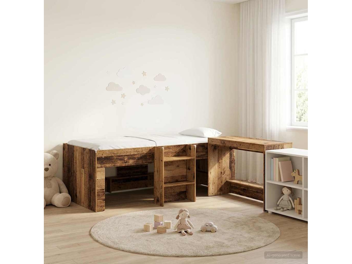 Vidaxl Cama Alta Para Crianças Com Mesa 2 Unid. Madeira Antiga