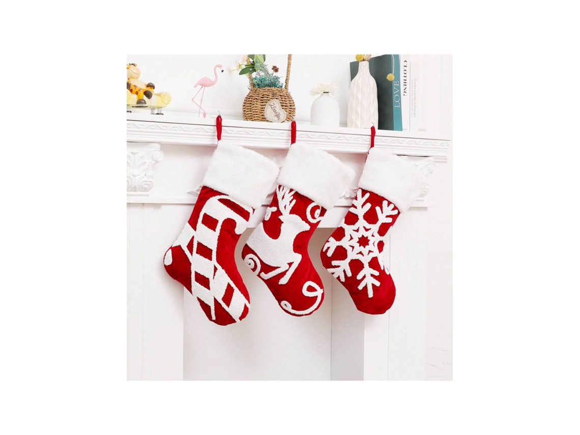 Conjunto De 3 Meias Decorativas De Natal Grandes, Bordadas Com Flocos De Neve E Alces Sacolas De Presente, Doces E Adereços. Igvtrade