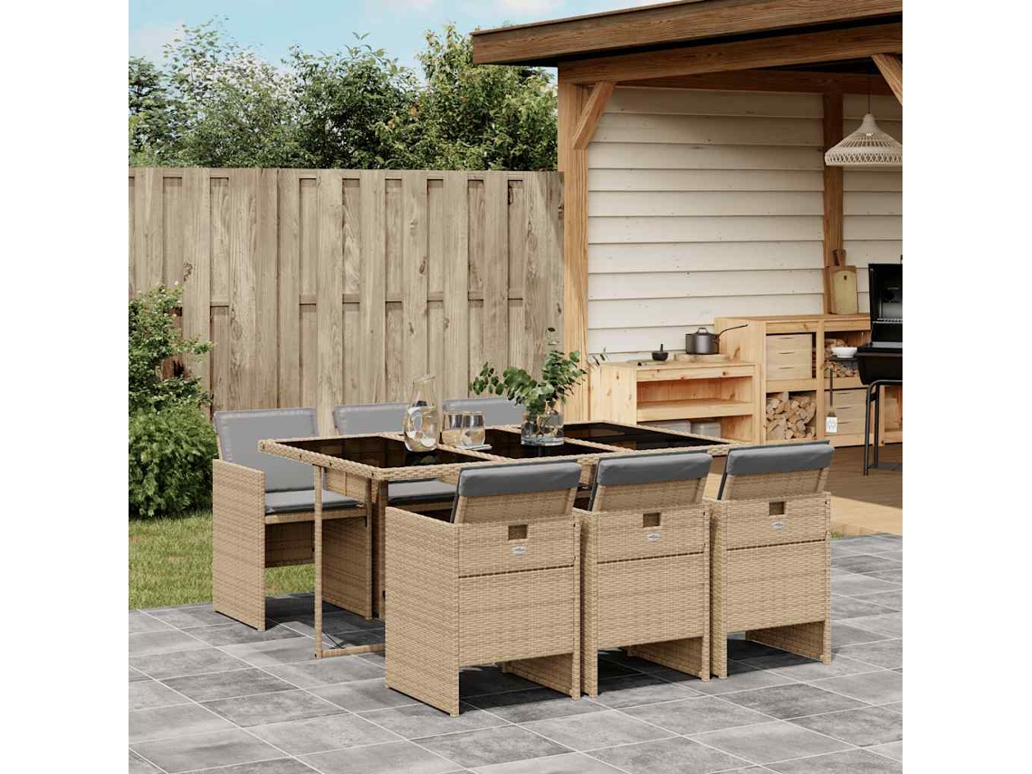 Vidaxl 7 Pcs Conj. Jantar Jardim C/ Almofadões Vime Pe Bege Misturado