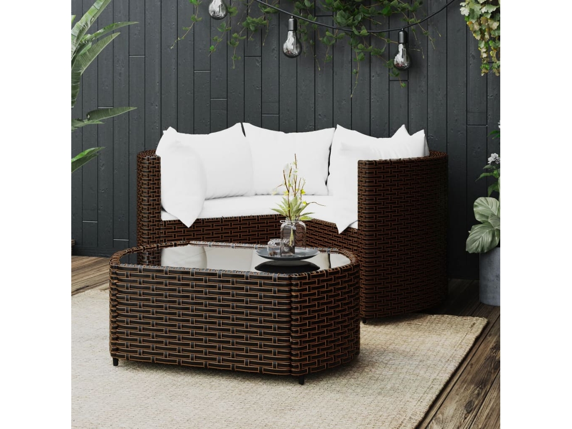 Vidaxl 4 Pcs Conjunto Lounge Jardim C/ Almofadões Vime Pe Castanho