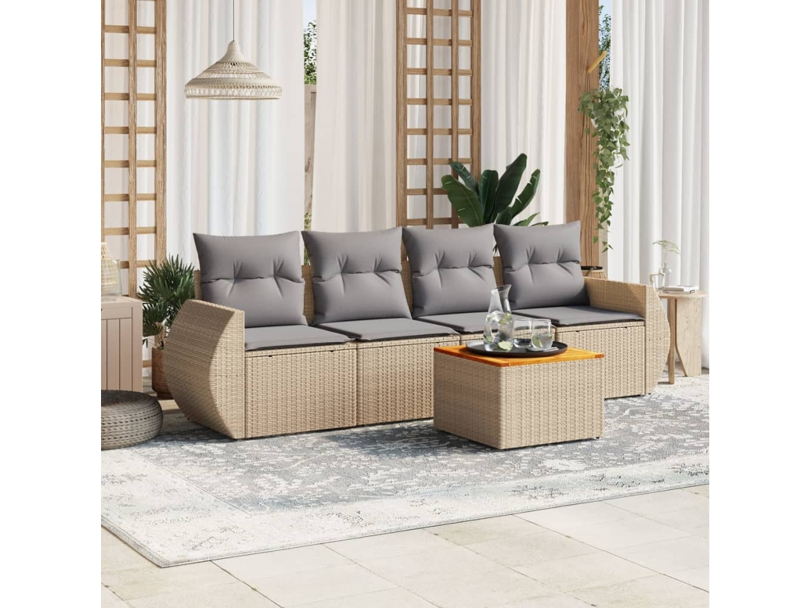 Vidaxl 5 Pcs Conjunto de Sofás P/ Jardim com Almofadões Vime Pe Bege