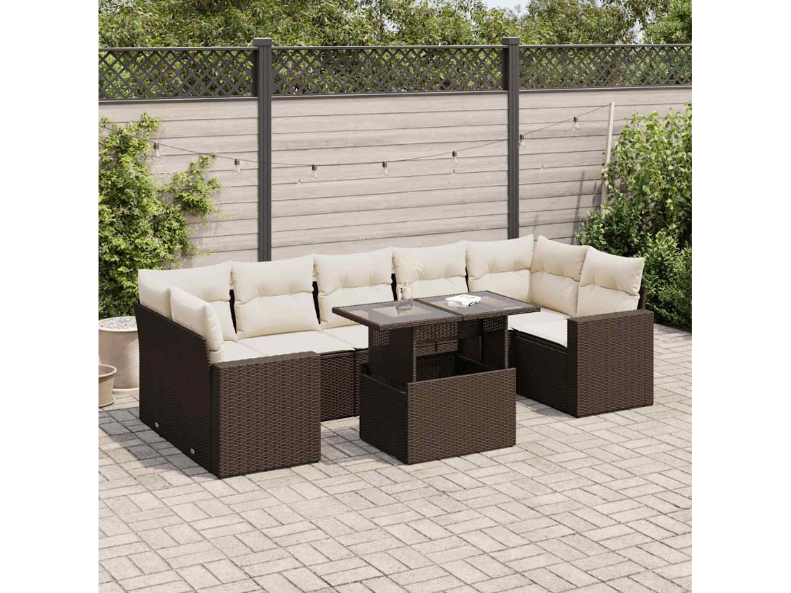 Vidaxl 8 Pcs Conjunto Sofás De Jardim C/ Almofadões Vime Pe Castanho