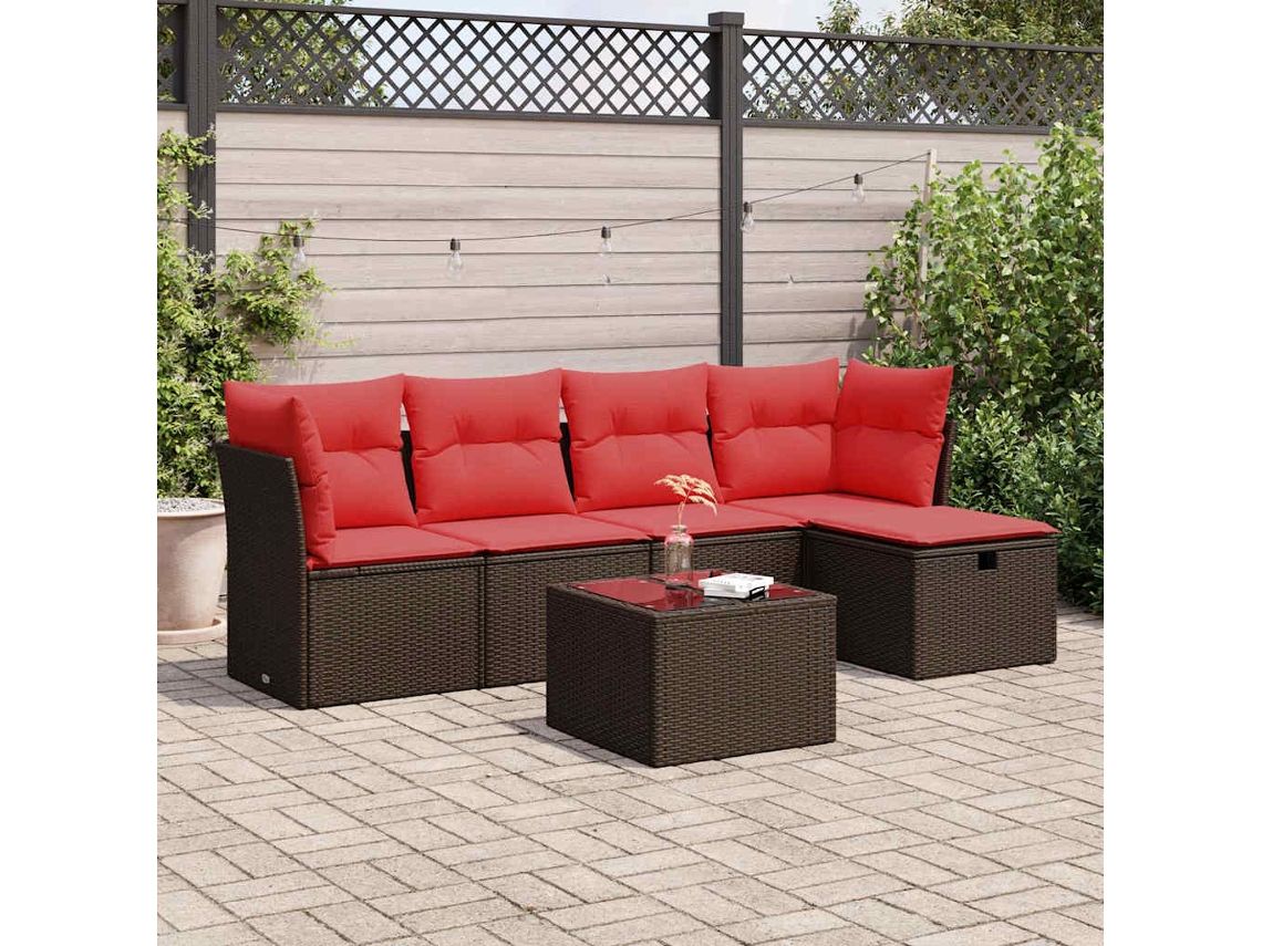Vidaxl 6 Pcs Conjunto De Sofás Jardim C/ Almofadões Vime Pe Castanho