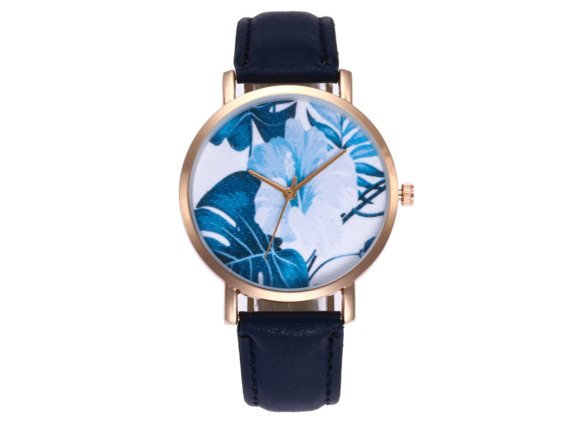 Relógio de Pulso Feminino de Quartzo com Pulseira de Couro Pu Estilo Simples Azul