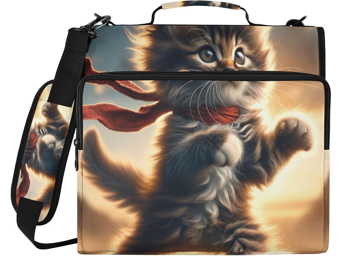Pasta organizadora com zíper e 3 argolas, estampa Fofo Gatinho, ideal para escola e trabalho, em tecido resistente.