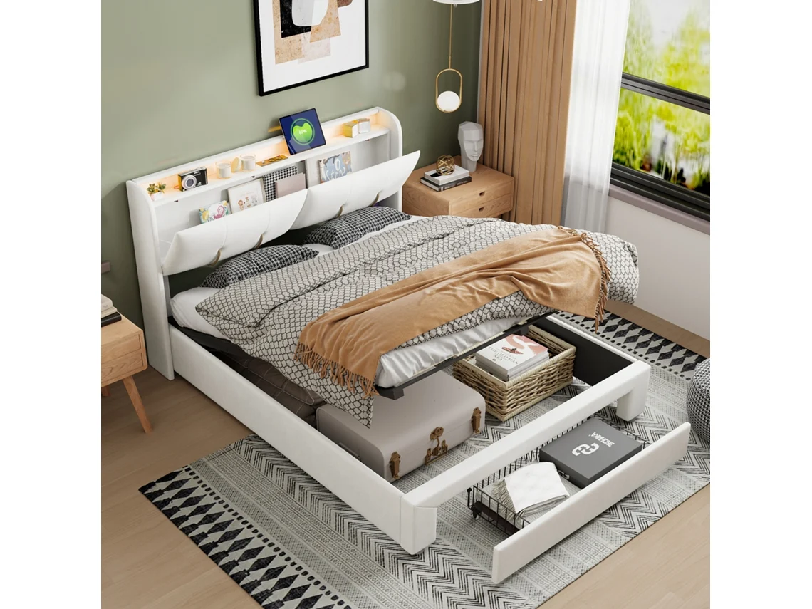 Cama De Casal 140x200 Cm Estofada,iluminação Led Regulável,portas Usb E Tomadas,cabeceira Rebatível Com Arrumação,veludo Bege,rosahqnda