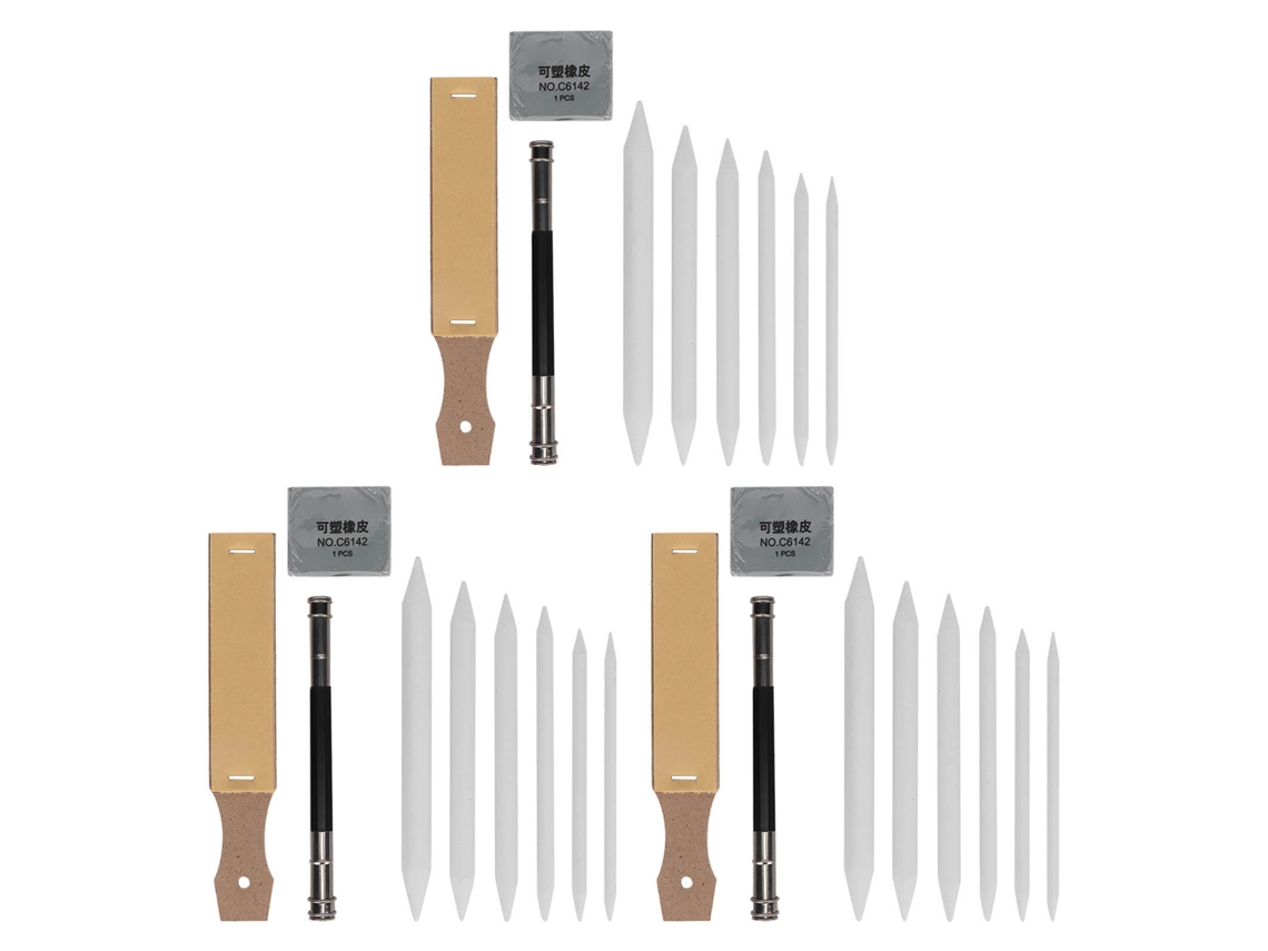 Conjunto de 18 borrachas para desenho com texturas variadas e 3 linhas, ideal para estudantes e artistas iniciantes.