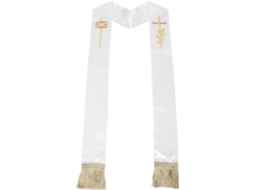 Estola Pastoral Tradicional Branca Com Bordado De Cruz E Pássaro, Reversível Em Cetim.