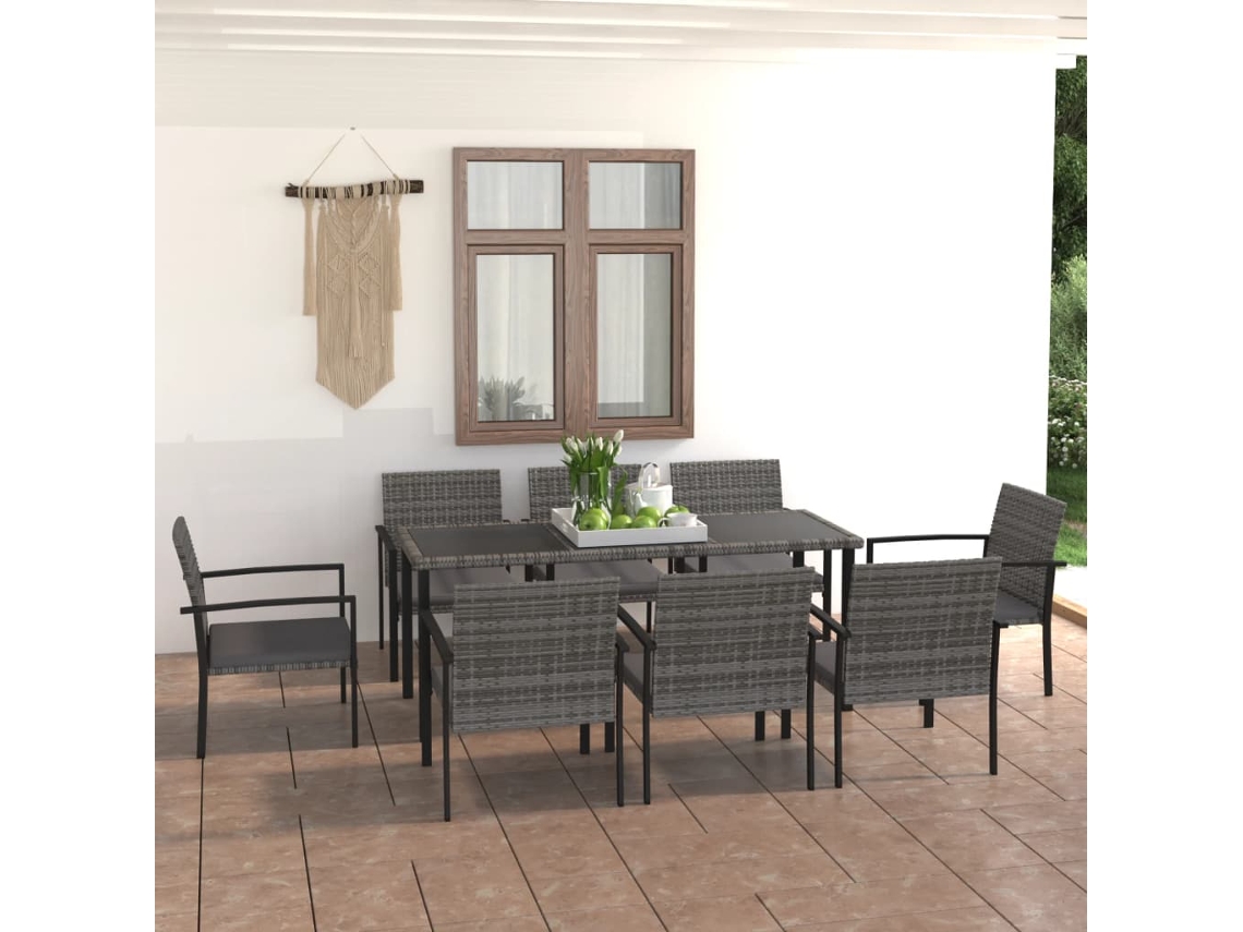 Vidaxl 9 Pcs Conjunto De Jantar Para Jardim Vime Pe Cinzento