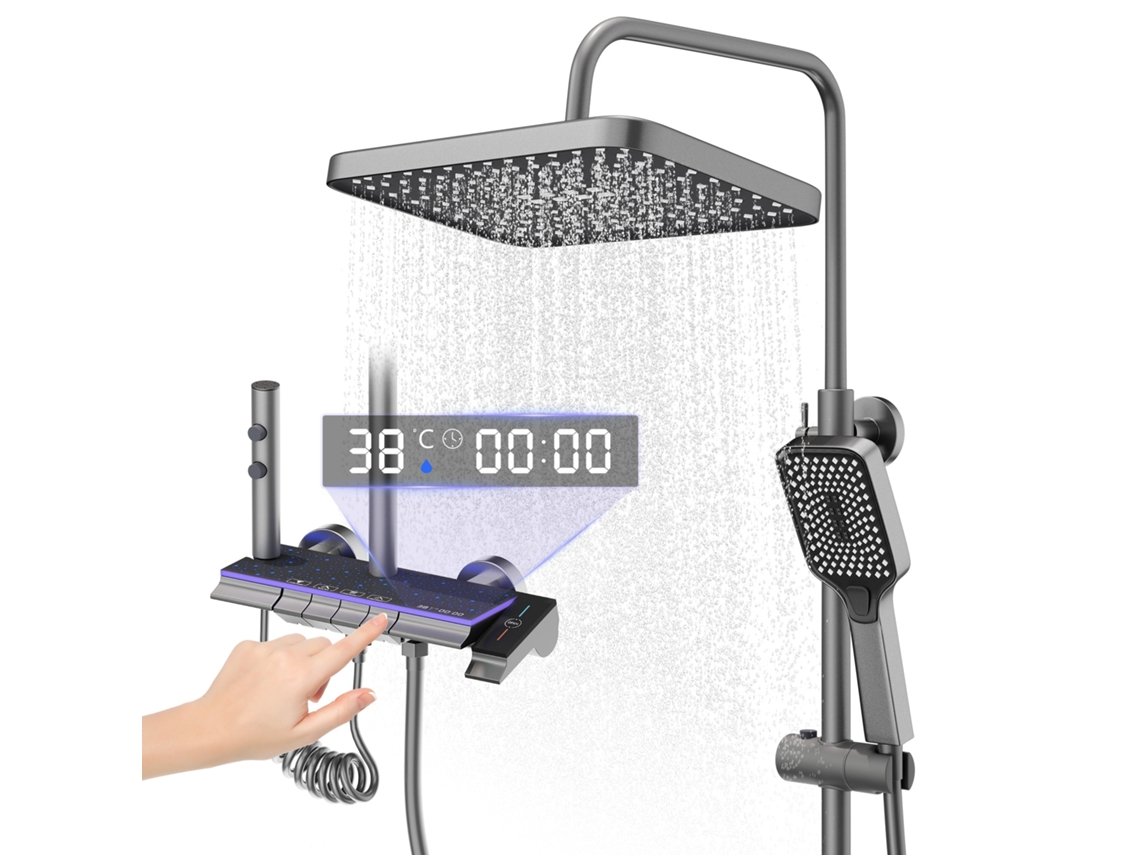 Coluna De Duche Cinzenta Em Liga De Titânio, Cabeçal Retangular Multifunção 4 Jatos, Display Led Efeito Céu Estrelado, Chuveiro Manual Com Ajuste De