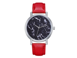 Relógio de casal com mecanismo de quartzo, pulseira de couro sintético, caixa prateada e mostrador vermelho personalizado.