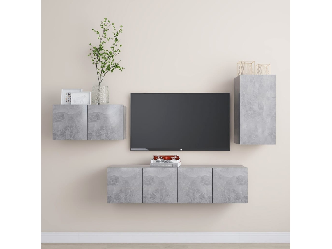 Vidaxl 4 Pcs Conjunto De Móveis Tv Derivados Madeira Cinzento Cimento
