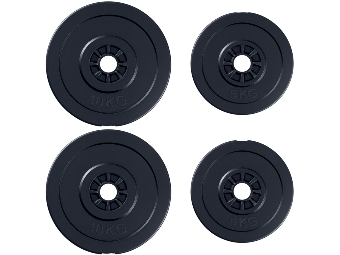 Conjunto De 4 Anilhas Para Barra (2 X 5 Kg, 2 X 10 Kg), Com Abertura De 25 Mm, Adequadas Para Treinamento De Força Com Barra Ou Halteres.