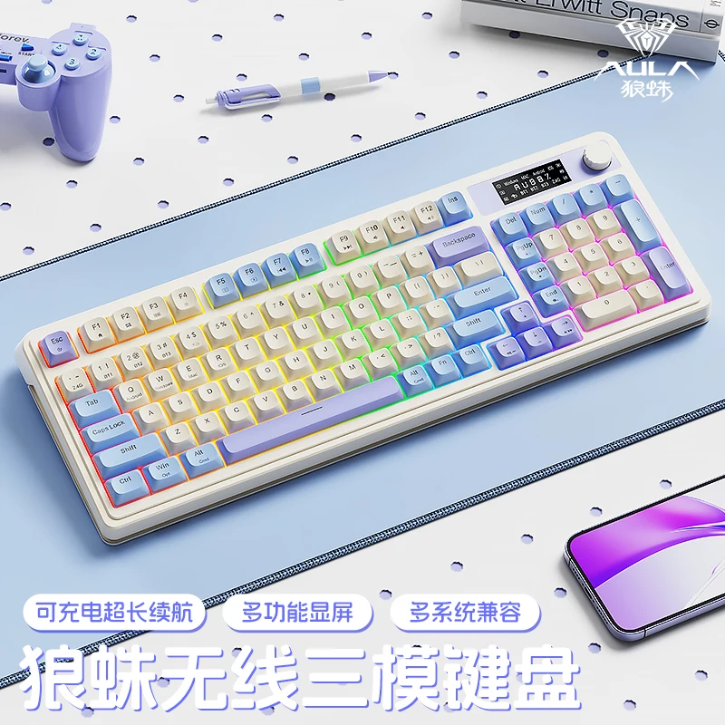 (azul) Teclado Gamer Bluetooth Tri-mode Sem Fio 2.4g Rgb