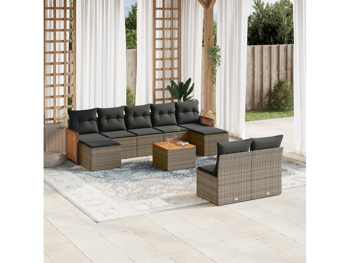 10 Pcs Conjunto Sofás De Jardim C/ Almofadões Vime Pe Cinza Dkd Home Decor