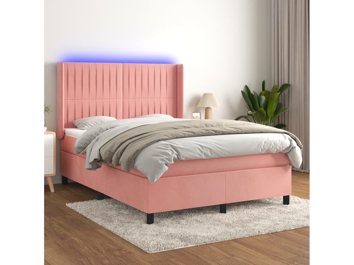 Vidaxl Cama Box Spring C/ Colchão/led 140x190 Cm Veludo Rosa