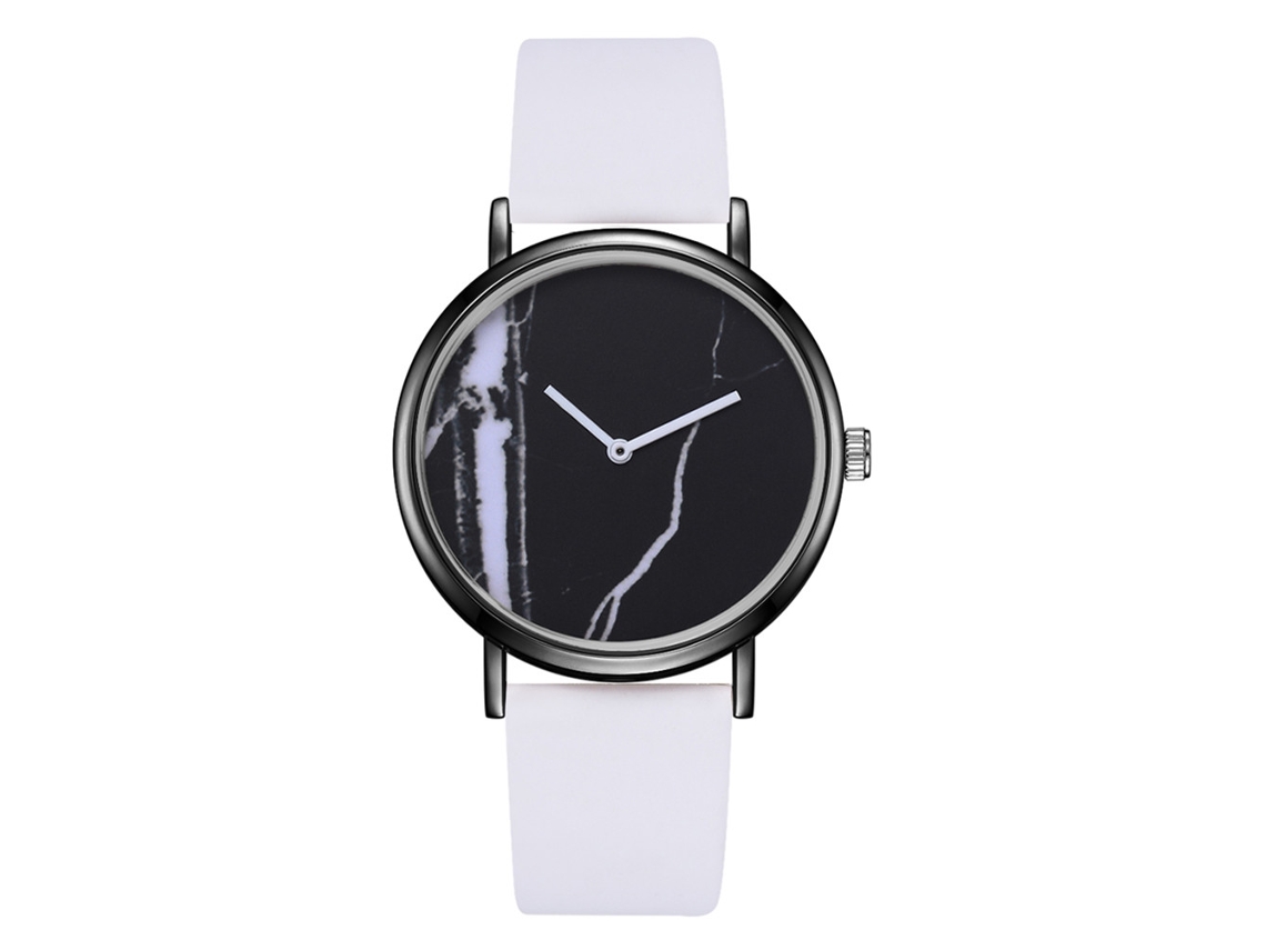 Relógio casual moderno para homens e mulheres, pulseira de couro PU, relógio de pulso de quartzo, branco e preto.