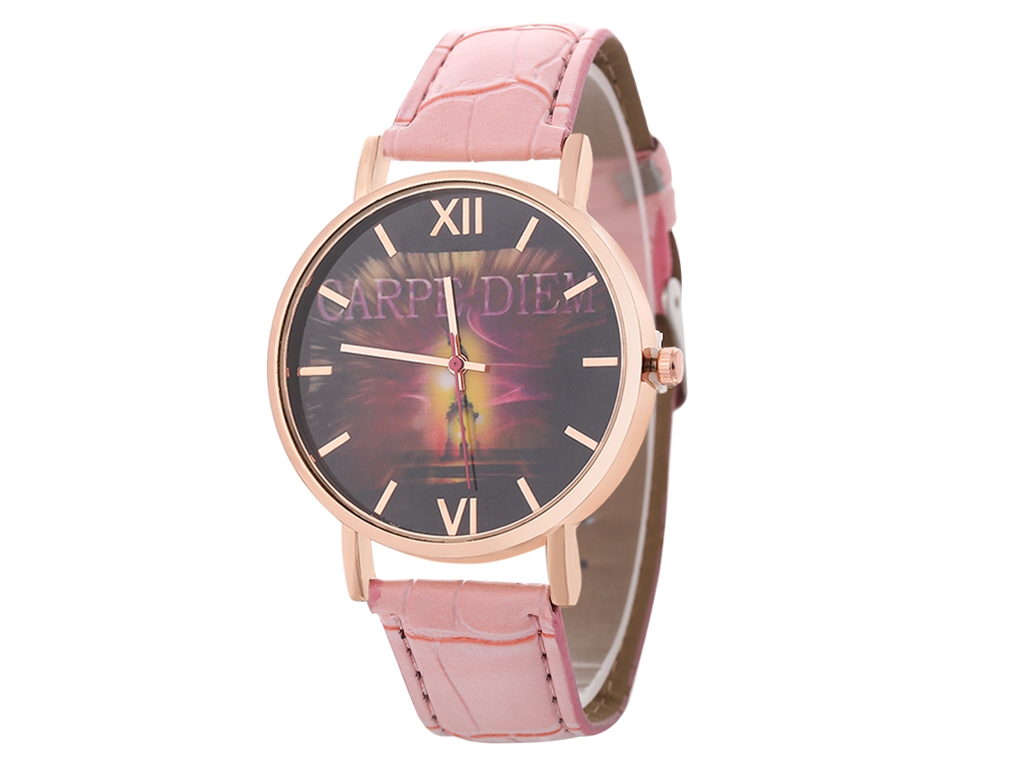 Relógio de pulso unissex casual Zhoulianfa com pulseira de couro PU e mostrador redondo rosa.