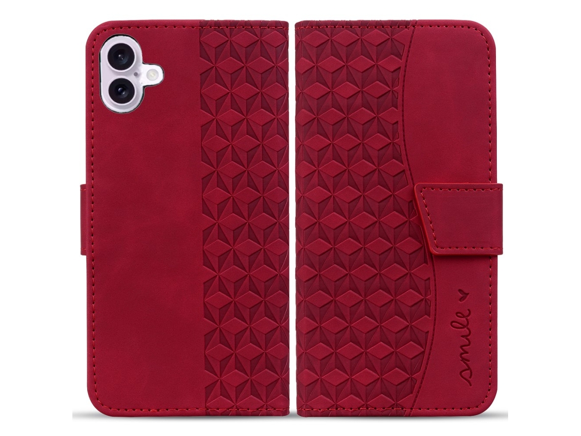 Capa Em Couro Pu Com Pega Para Apple Iphone 16 Plus - Vinho Tinto