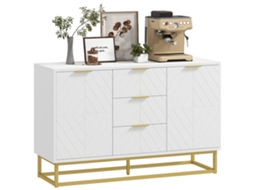 Aparador de design gráfico, 2 portas, prateleiras ajustáveis, 3 gavetas, madeira branca, metal dourado, 120x40x76cm ZENCORE SERVICES