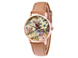 Reloj De Pulsera De Cuarzo Con Correa Pu Zhoulianfa Patrón Flor Y Pájaro Café Claro