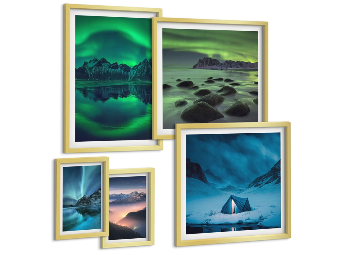 Conjunto De Pinturas Paisagens De Inverno Da Aurora Montanhas Espelharte (5 Peças)