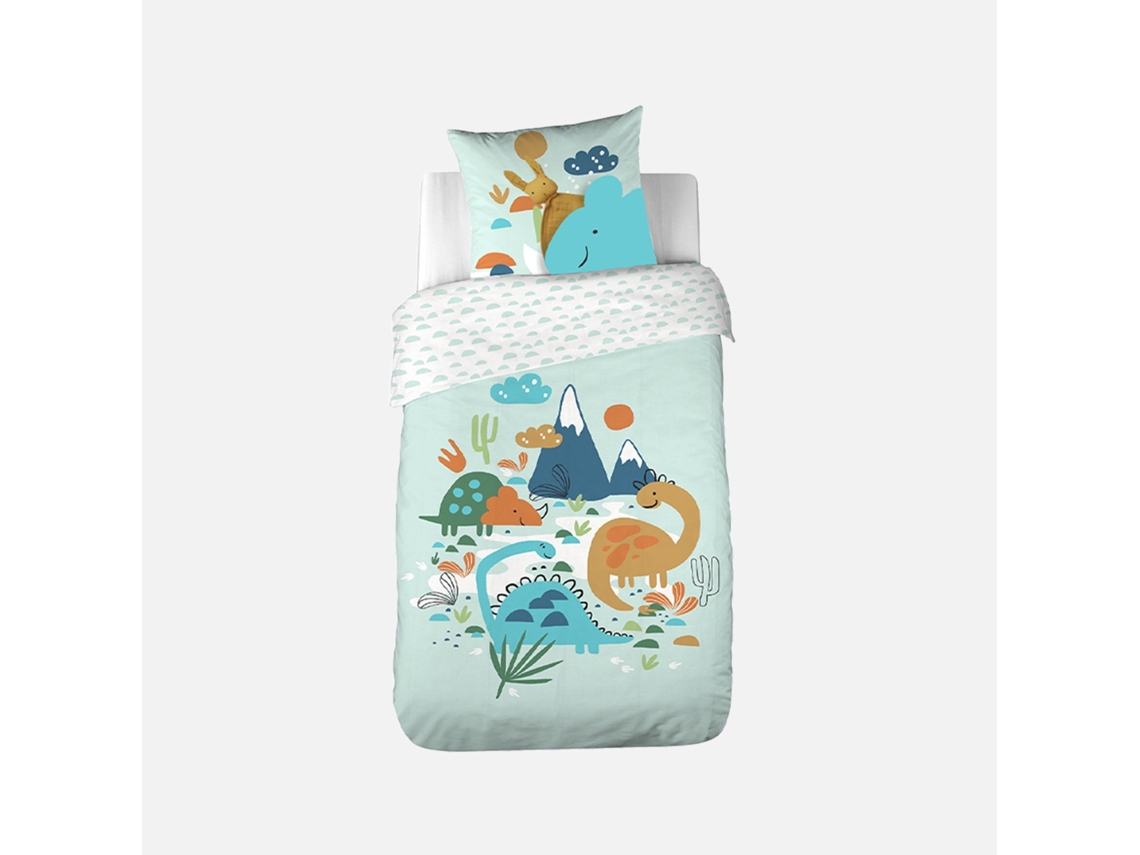 Jogo De Cama Em Algodão Reversível Com Estampado De Dinossauros, 140cm, Verde De Água