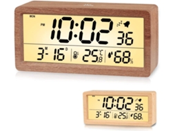 Despertador Digital Madeira, Despertador LED Anti-Tique-Tique, Com Visor de Dados, Temperatura e Humidade, Função Soneca, Liptaptyn Castanho Escuro