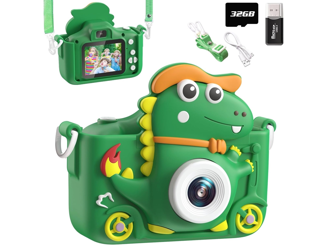 Câmera De Dinossauro, Câmera Infantil Com Tela De 2 Polegadas, 1080p, Câmera De Selfie Para Crianças Com 32 Gb Brilvibera (verde)