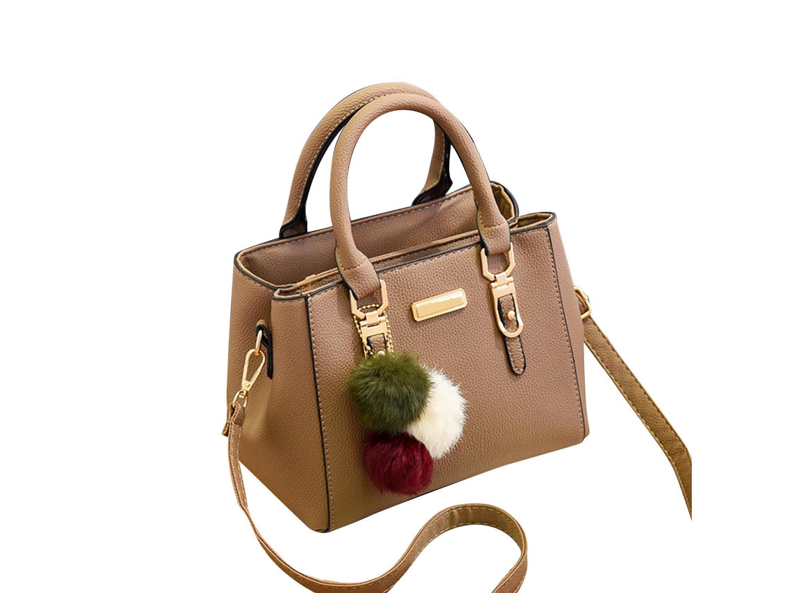 Bolsa Pu Feminina Textura Lichia Pingente Pom Pom Grande Capacidade Bolsa de Ombro Khaki