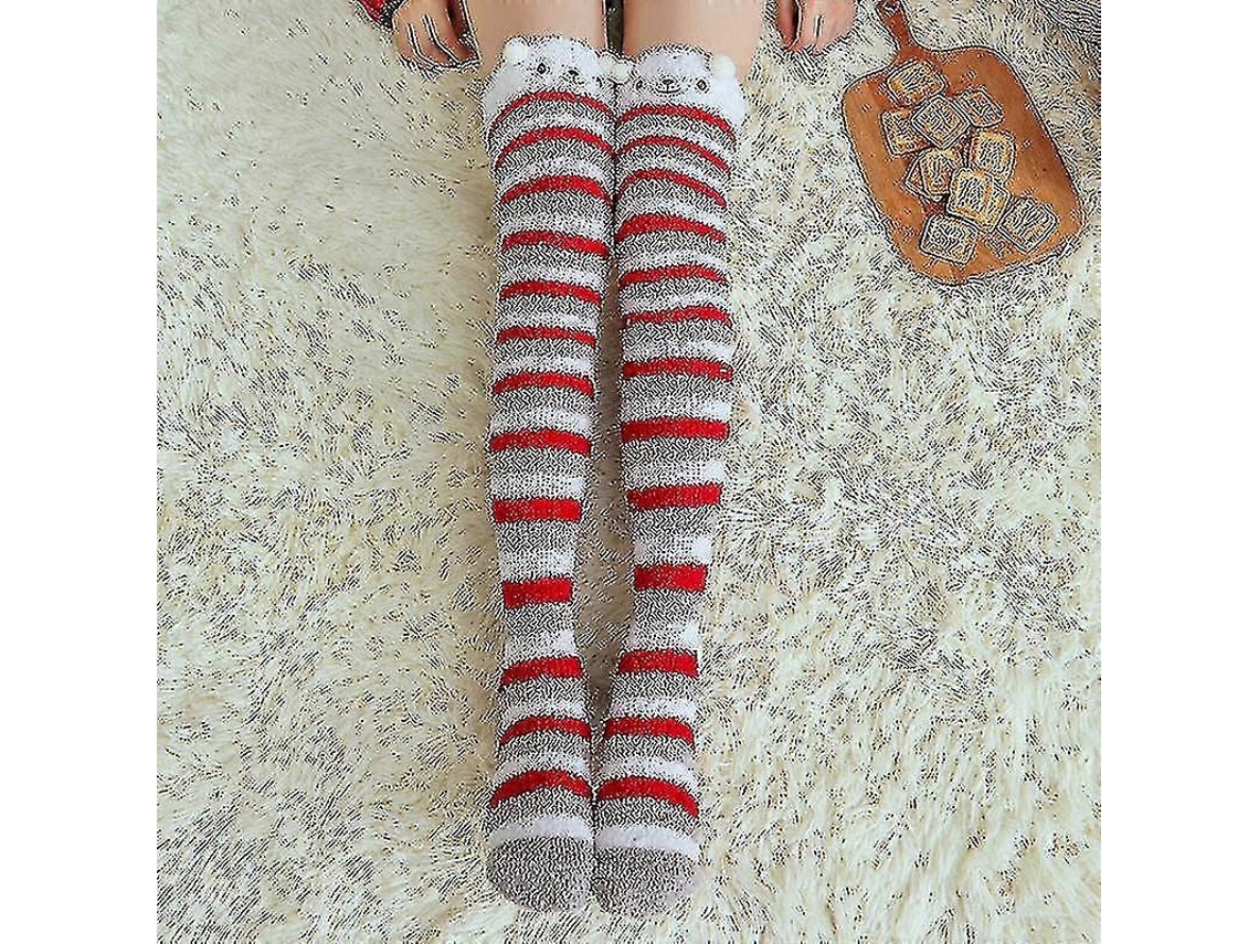 Meias De Lã Coral Macia Até O Joelho, Ideias Para O Inverno, Para Meninas E Mulheres. Meias Listradas Com Estampas De Animais Flufos E Desenhos Animados