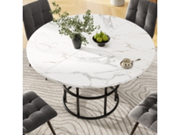 Mesa Redonda 100×100×76cm Para 4-6 Pessoas Pés Metálicos Em Anéis, Tampo Mdf Marmorizado Pés Pretos