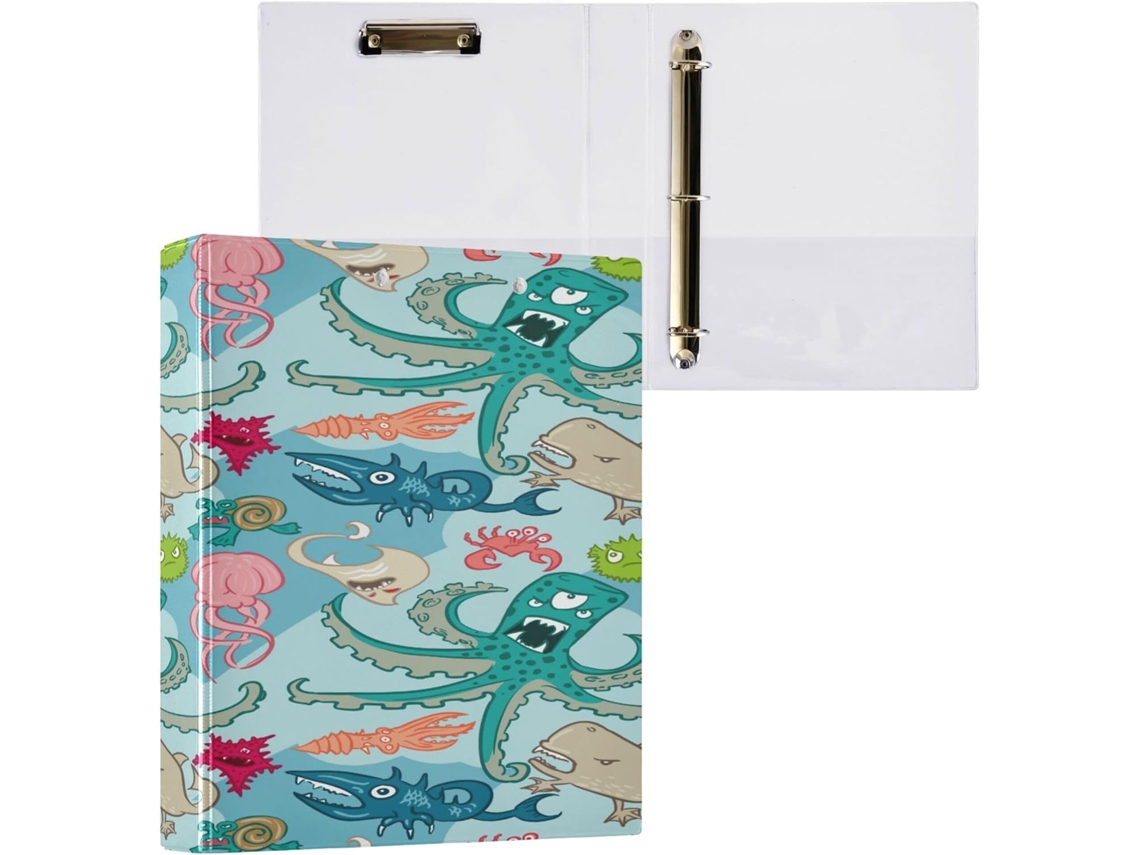 Conjunto de Fichários com Argolas 3,8 Cm Bolsos Internos para Estudantes, 200 Folhas Desenhos Animais Assustad